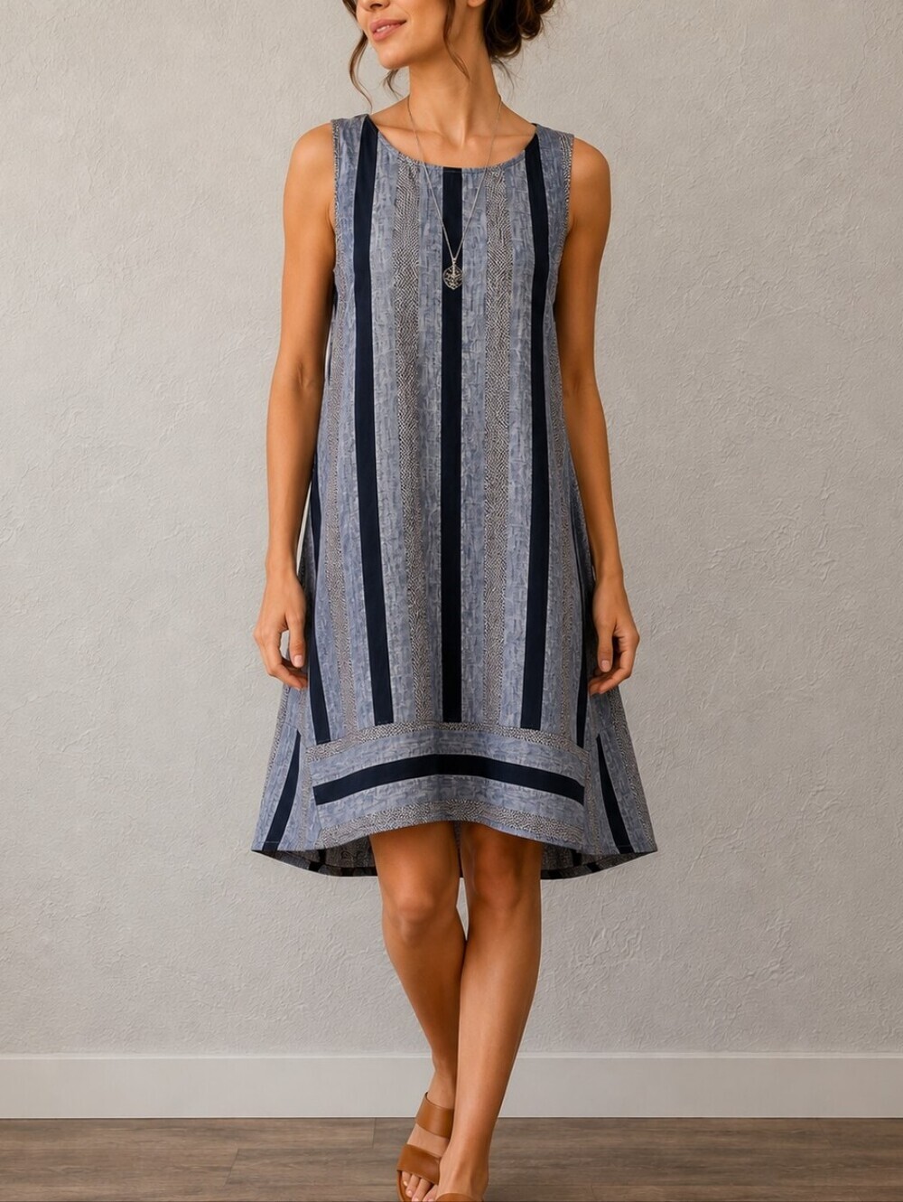 FOR CYNTHIA Blue Striped Linen Tweed Sleeveless Mod Tank Dress
